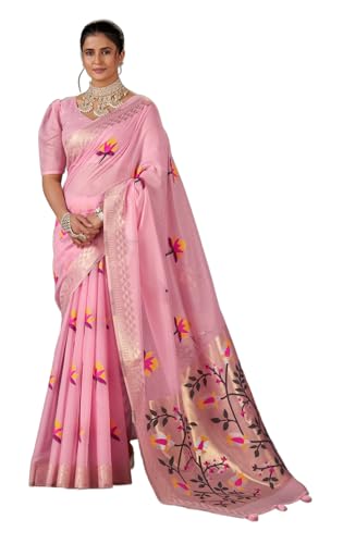 Image of MADHUHANSH Women's Cotton Linen Saree with Unstitched Blouse Piece and Floral Printed Pattern | Women Saree for Special Occasion | Stylish Modern Sarees