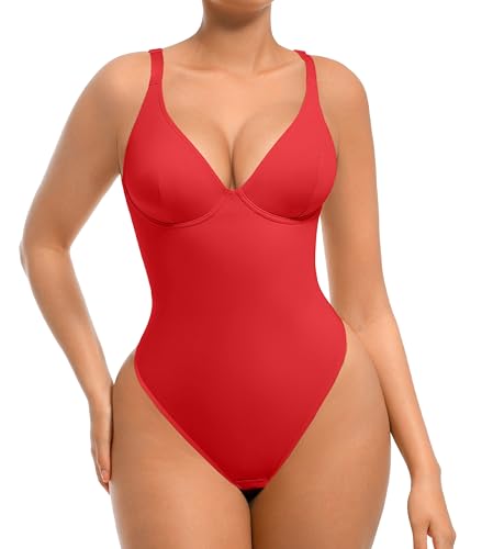 Image of FeelinGirl Bodysuits for Women Tummy Control Thong Shapewear Body Suit Sexy Deep V Neck Corset Tops for Women