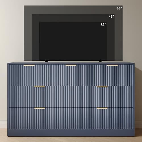Image of Blue 7 Drawer Dresser for Bedroom, 55'' Wide Fluted Dresser with Gold Handles, Modern Chest of Drawer for Bedroom, Closet, Living Room, Entryway, Hallway, Blue