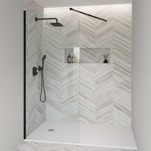 Gresinex - Mampara de Ducha Fija de Cristal Transparente – Altura 200 cm- Panel con Brazo Soporte, Vidrio Templado, Antical, Fácil Instalación – Reversible (Negro, 90 cm)