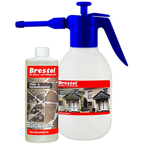 Preisvergleich Produktbild BRESTOL® STEINREINIGER SELBSTTÄTIG 1000 ml Konzentrat + 1,8 Liter Drucksprüher säurebeständig - Steinreiniger Grünbelagsentferner Algenentferner Flechtenentferner Moosentferner Algizid Algenex