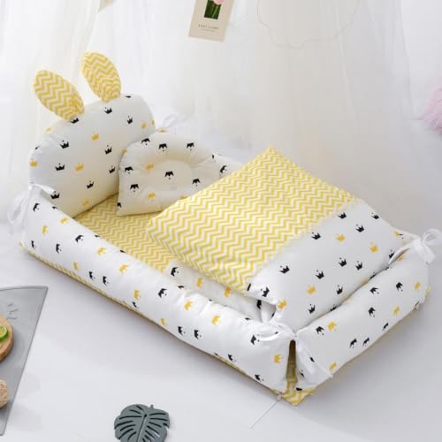 Heuitgs ベビーベッド 新生児 添い寝 枕付き ベッドインベッド 簡易ベッド 持ち運び 携帯型ベビーベッド ウサギの耳の形 かわいい ベビー布団 通気性 取り外し 洗える可能 0-8ヶ月 出産祝い 88*50*12cm (D)