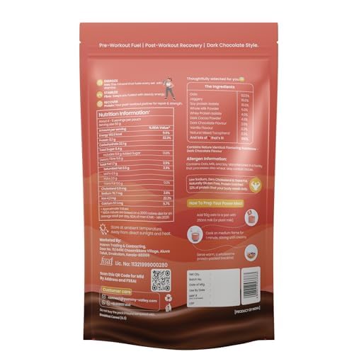 Image of Yummy Valley High Protein Oats for Adults, Dark Chocolate 230g | 12g Protein & 6g Fibre per Serve | Oats with Whey & Soy Protein | No Refined Sugar | High Protein Oats, Chocolate Breakfast Food