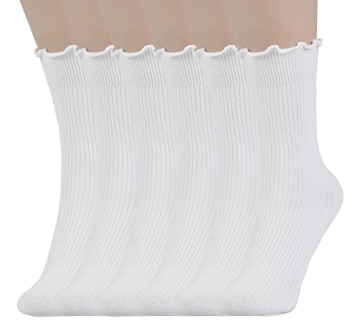 Image of Womens Socks, Ruffle Turn-Cuff Casual Crew Socks Breathable Cool Knit Cotton Lettuce Frilly Ankle Sock 6 Pack (US, Alpha, One Size, Regular, Regular, 6-pairs(white) crew Socks)