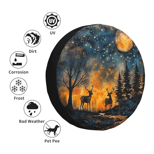 Image of Starry Sky Deer Spare Tire Cover Wheel Protectors Weatherproof Deer Pattern Wheel Covers Universal Fit for Trailer RV SUV Truck Camper Travel Trailers Accessories 14 Inch
