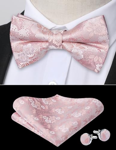 Image of HISDERN Bow Ties for Men Pre-Tied Bow Tie Floral Paisley Handkerchief Classic Formal Bowtie and Pocket Square Cufflinks Set