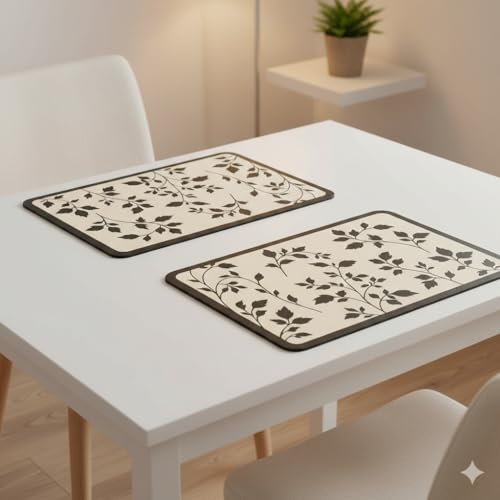 Image of YELONA Leather Dining Table Placemats Set of 2 - Waterproof, Heat Resistant, Anti-Slip, Easy to Clean Table Mats for Dining Table, Kitchen & Home Decor (Black Botanical, 40 x 30 cm)