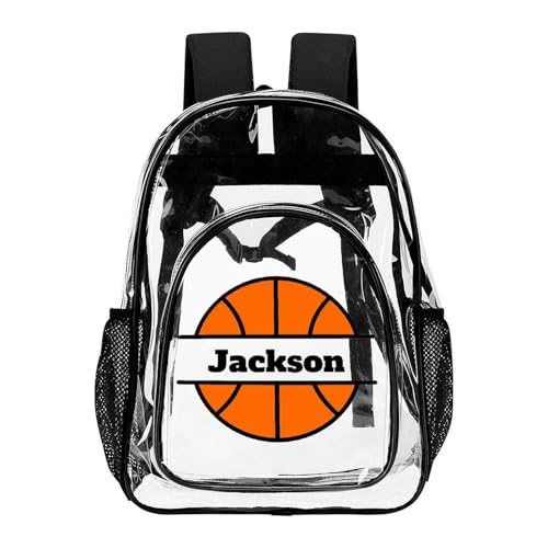 Personalized Basketball Black Clear Backpack with Name PVC See Through Transparent Backpack with Reinforced Strap & Large Capacity School Workplace, Back to School Gifts for Boys Girls Kids