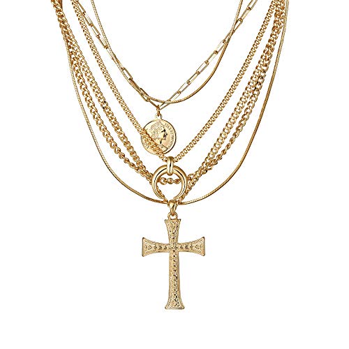 Gold Layered Necklace for Women, 18K Gold Plated Coin Cross Pendant Necklace Chunky Chain Choker Gold Layering Necklaces for Women