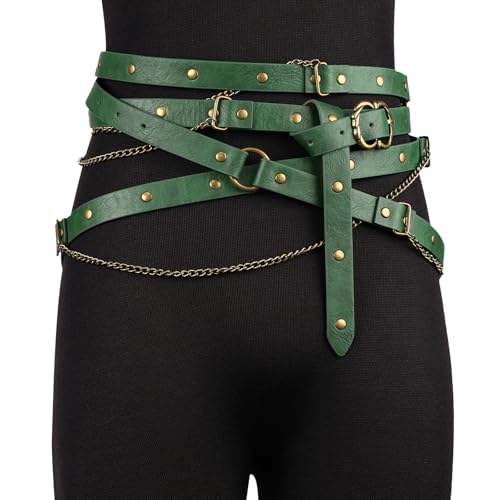 Image of HiiFeuer Medieval DIY Faux Leather Metal Chain Belt, Vintage Adjustable Thin Belt For Women, Retro Skinny Belt For Dresses (Green A)