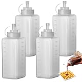 GOEDCH Botellas de Salsa: 4 Botellas Exprimibles de Plástico con Tapa de 800 ml, Biberon para Condimentos Transparente Antigoteo, Squeeze Bottle para Kétchup, Barbacoa, Biberon Cocina con Escala