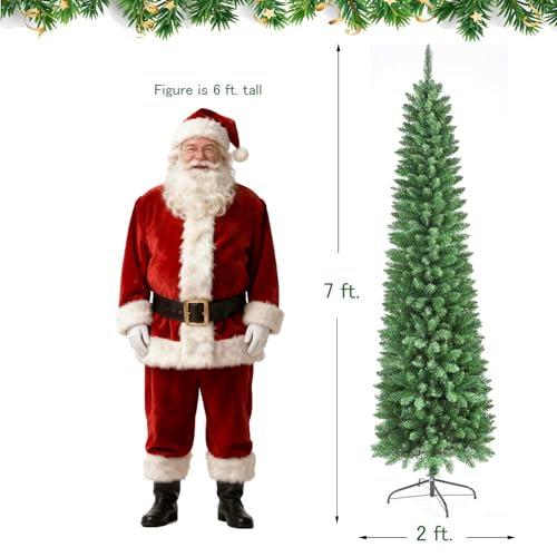 Image of 878 Tips Artificial Pencil Christmas Tree, 7ft Pure Xmas Pine Trees with Metal Stand Perfect for Christmas /Parties /Holiday Indoor Outdoor Decorations