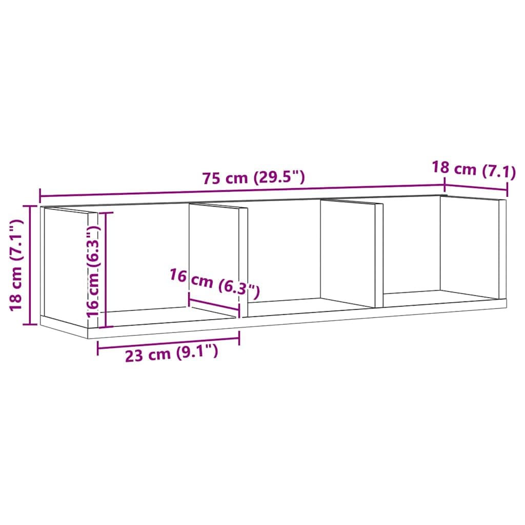 Scaffale da parete per CD in rovere Artisan, 75 x 18 x 18 cm, mensola sospesa in legno, mensola per DVD da parete con 3 scomparti per collezioni musicali, libri e decorazioni