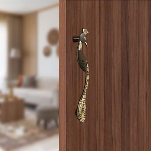 Image of Peacock Design Main Door Handle 15 Inch| Brass Antique Finish Pull Handle| Zinc Alloy Handle for Wooden & Glass Doors |Home, Office & Hotels | Hole-to-Hole 300mm | 3 Years Warranty | Set of 1