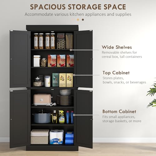 Image of HOMCOM 72.5 inch Tall Kitchen Pantry Cabinet, Freestanding Modern Farmhouse Kitchen Storage Cabinet with 4 Doors and 2 Adjustable Shelves for Dining Room, Black