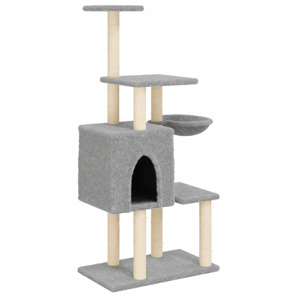 Árbol rascador de 131 cm con troncos de sisal, color gris claro | Torre de escalada estable para el salón con cueva de peluche, hueco para tumbarse y funda de felpa para gatos para relajarse.