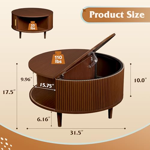 Image of WLIVE 31.5 inch Round Coffee Table with Storage, Walnut Brown | with Sliding Cabinet Door, Mid Century Modern Fluted Center Table for Living Room, Small Space. 31.5 inch Dia. x 17.5 inchH
