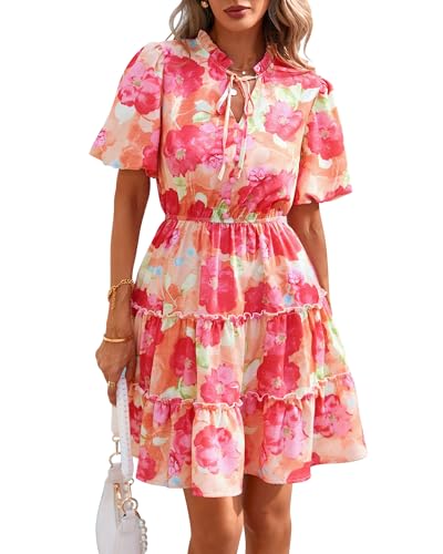 BTFBM Women Summer Floral Short Dresses V Neck Short Sleeve Tiered Ruffle Boho Swing Dress A-Line Mini Dresses(Pink Floral,Small)