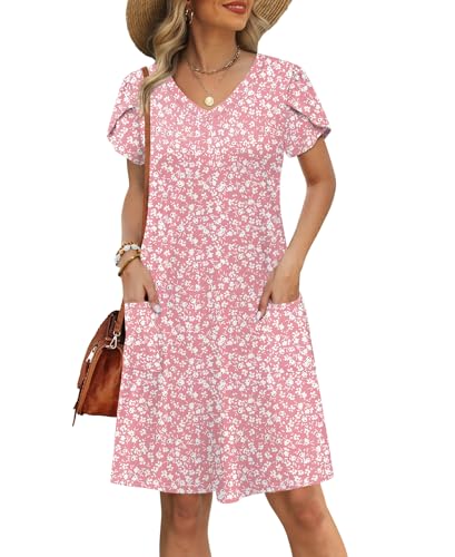 Image of OFEEFAN Womens Summer Dresses 2026 Tulip Petal Short Sleeve V Neck Loose Swing Sundresses with Pockets Plain /Print