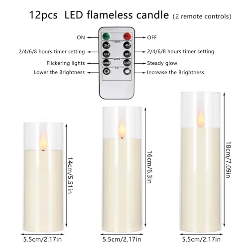 Image of fclayvts 12 Packs of Acrylic LED Candles, Flickering Flameless Candles Battery Operated with Remote Dimmed and Timed, 3D Wick Candles for Home Decor,Wedding,Gift，Parties and Festivals. (3 Size Ivory)
