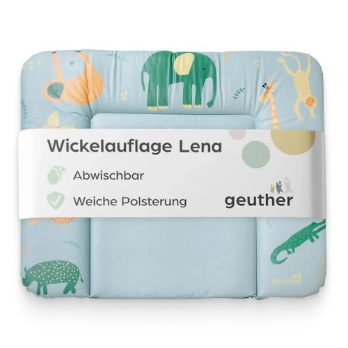 Geuther Wickelauflage Lena 85 x 75 cm, abwaschbar | Wickelunterlage extra breit | Erhöhter Rand mit Kopfschutz | Wickelmulde für Babys | Wickeltischauflage für Wickeltische mit Rand | Safari