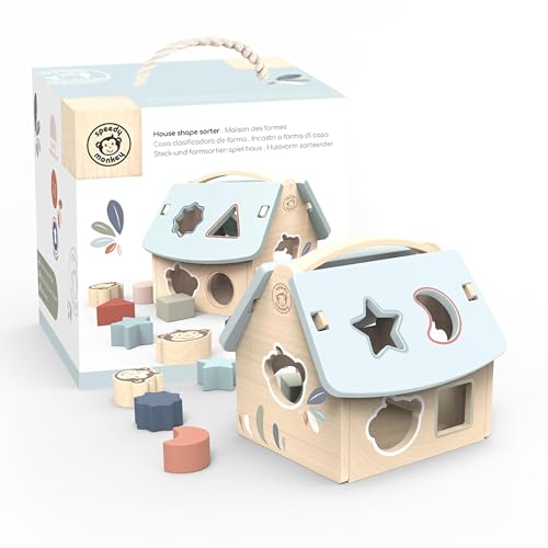 Image of Speedy Monkey House Shape Sorter with 8 Blocks, Fun Colors, Shapes, Monkey Character, Wooden Toy, Non-Toxic Paint, Enhances Learning, Ideal for Kids | 8 blocks, monkey character, sorting & stacking toys, montessori toys, shape recognition, fine motor skill, cognitive learning