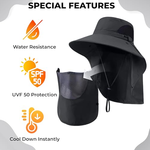 Image of Kraptick Headwear Hats - Lightweight Sun Hat with Detachable Face Cover Foldable Boonie Cap for Travel, UV Protection Summer Cap & Chin Strap with Adjustable Toggle for Secure Fit (DMUG893-A-VV)