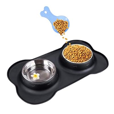 Double Dog Bowls- Stainless Steel 350ml/Bowl Puppy Water and Food Bowl with Non-skid Anti-overflow Silicon Tray Mat for Puppy Dogs, With Pet Food Shovel Black