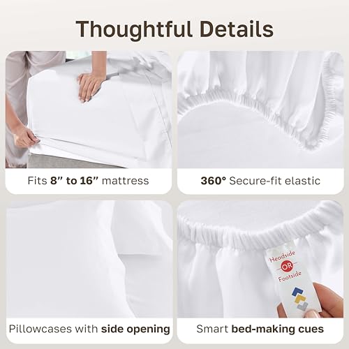 Image of California Design Den Deep Pocket King Sheets Set - Luxury 600 Thread Count Sateen, 100% Cotton Sheets with All Around Elastic for a Snug Fit, Hotel Quality Bedding Set - White