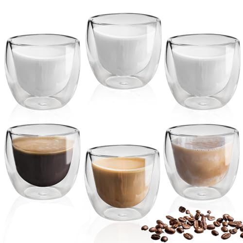 Dilireba 6 Pièces Tasse a Cafe, Verre Double Paroi 80Ml, Tasses à Expresso à Double Paroi Isotherme, Verres à Café en Verre 80ml, Tasse a Cafe Double Paroi, Pour Cappuccino Couche Lait, Thé
