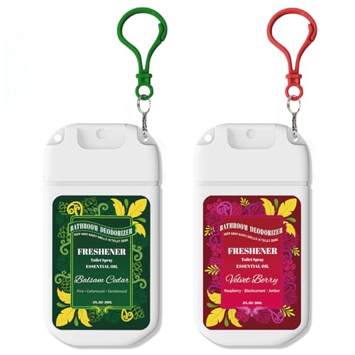 Image of Travel Size Toilet Spray, 2 Pack Air Freshener Spray for Bathroom Deodorizer, Travel Essentials Variety with Removable Hook - Cedar and Berry Scent