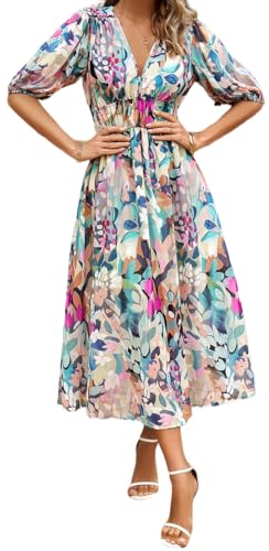 Image of Sister Amy Women's Boho Floral Print Square Neck Beach Party Flowy Ruffle Midi Dress