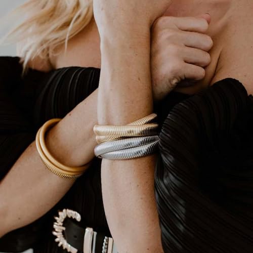 Gold Bangle Bracelets for Women Chunky Stretch Bracelets for Women 18K Gold Plated Stainless Steel Link Chain Bracelets Wide Gold Wristband Plus Size Bracelets Jewelry Gifts for Women2