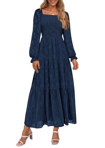 PRETTYGARDEN Fall Wedding Guest Dresses for Women 2025 Floral Long Sleeve Smocked Tiered Elegant Long Flowy Boho Dress