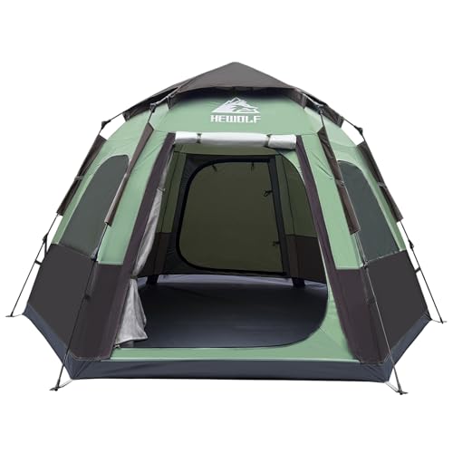 Hewolf 2/3/4 Person Camping Tent - Instant Pop Up Waterproof 2 Doors Tent with Easy Setup | 3-Season Hexagonal Dome Design for Family, Hiking & Traveling (Green-1)