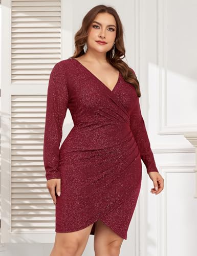 Image of ZOMVA Plus Size 0X-4X Sparkly Glitter Ruched Bodycon Mini Dress Sparkle Sequin Wrap Ruffle Sleeve Dress Cocktail Party Formal