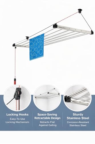 Image of Purnima Marketing PM Heavy Duty Stainless Steel (6 Pipe X 5 Feet) ECODRY Model with UV Protected Nylon Rope Ceiling Cloth Dryer | Cloth Drying Stand for Balcony | Clothes Stand for Drying