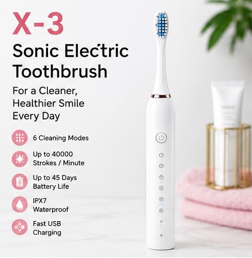 Image of Rechargeable Sonic Electric Toothbrush for Men & Women | 6 Cleaning Modes | 4 Replaceable Brush Heads | 40,000 Strokes /Min | IPX7 Waterproof | USB Fast Charging | 45-Day Battery | White