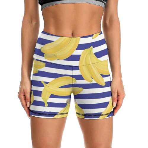 Banana On Blue Stripes Pattern High Waist Yoga Shorts for Women Athletic Shorts Leggings Running Pants
