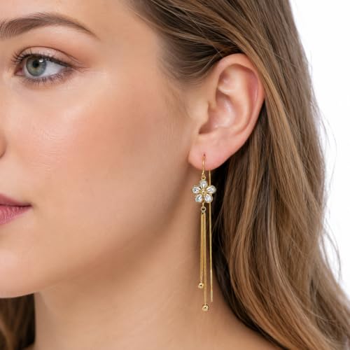 HEFEIYU Dangle Drop Earrings, 14K Gold Plated Flower Earring for Women, Hypoallergenic Cubic Zirconia Long Chandelier Earring, Elegant Crystal Flower Drop for Wedding Bridal Prom Party Gifts (Petal) - image 2