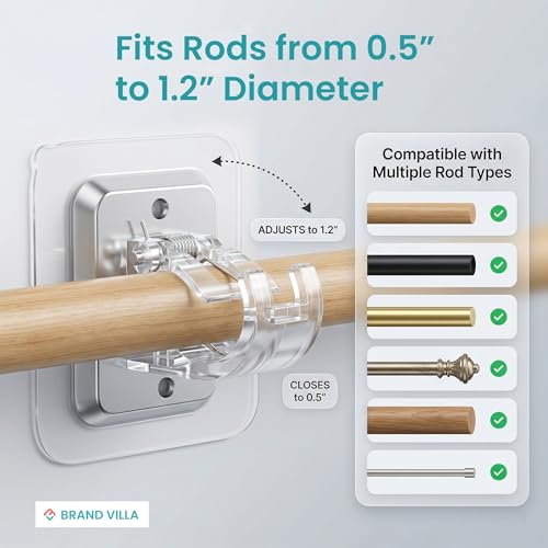Image of BRAND VILLA Self-Adhesive No Drill Curtain Rod Brackets Curtain Rod Holder Hooks Nail Free Adjustable Curtain Rod Wall Hooks Hangers for Bathroom Kitchen and Hotel (Pack of 4)