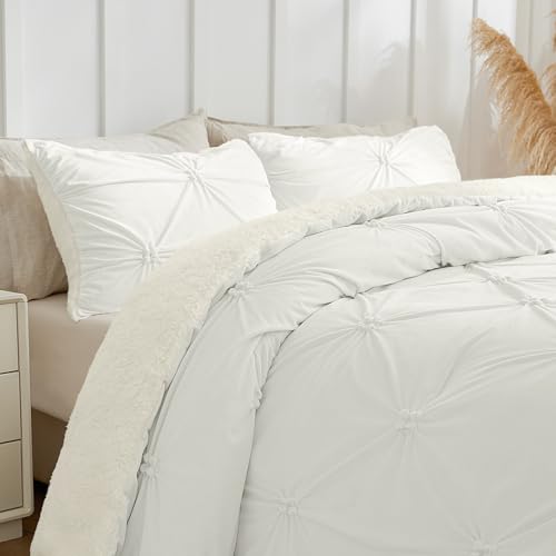 Image of BEDELITE Fluffy Sherpa King Comforter Set,Pintuck-White | Super Soft & Warm Fleece Bedding, Luxury Fuzzy Comforter for Winter, Heavy Plush Bedding Set,2 Pillowcases