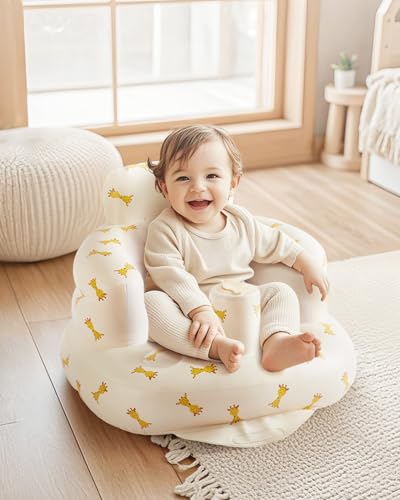 Image of Inflatable Baby Seat for Learning to Sit & Feeding (3-36 Months) with Built-in Air Pump - Anti-Tip, Ergonomic & Portable Floor Seat (L Giraffes)