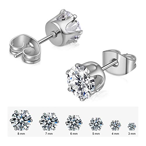 6 Pairs Stud Earrings Set,Clear Cubic Zirconia 316L Stainless Steel Earrings For Women For Men 3-8Mm White Gold #TOP2