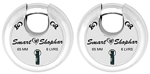 Image of Smart Shophar Steel Zip Action Medium Disc Shutter Lock 65 MM Silver, Pack of 2 with Keys /Multipurpose Hardened Shackle Padlock for Door, Gate, Shutter and Home /Drill Resistant Body