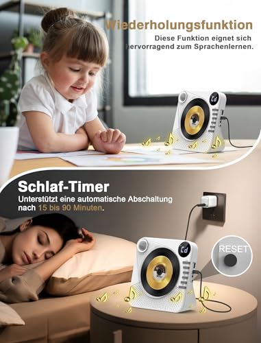 Greadio CD Player Tragbar mit Bluetooth 5.1, Kinder CD Spieler mit Lautsprecher, Fernbedienung, HiFi-Sound, Staubschutz, AUX/USB-Wiedergabe, Tragbarer cd Player für Zuhause (Weiß)