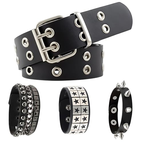 PjuQow 4 Stück Nietengürtel, Grunge Accessoires für Punk Rock Musik Konzerte, Verstellbare Gothic Gürtel und Armbänder, Dunkle Ästhetik Mode für Y2K Stil und Alternative Veranstaltungen, Emo Kultur