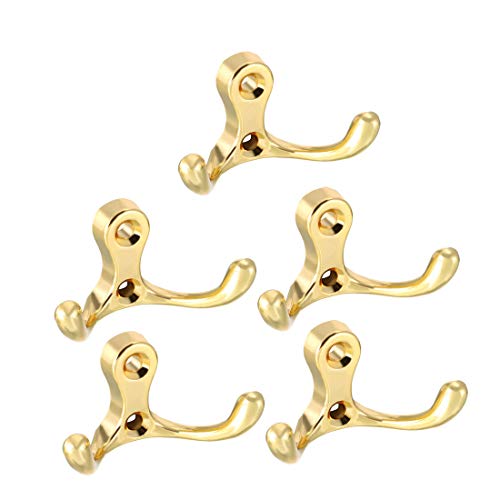 uxcell Dual Prong Coat Hooks Wall Mounted Retro Double Hooks Utility Gold Hook for Coat Scarf Bag Towel Key Cap Cup Hat 30mm x 55mm x 29mm 5pcs