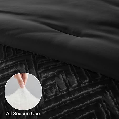 Image of Zzlpp Queen Comforter Set 7 Pieces, Black Tufted Bed in a Bag with Comforter and Sheets,All Season Boho Bedding Sets with Comforter, 2 Pillow Shams, 2 Pillowcases, 1 Flat Sheet, 1 Fitted Sheet