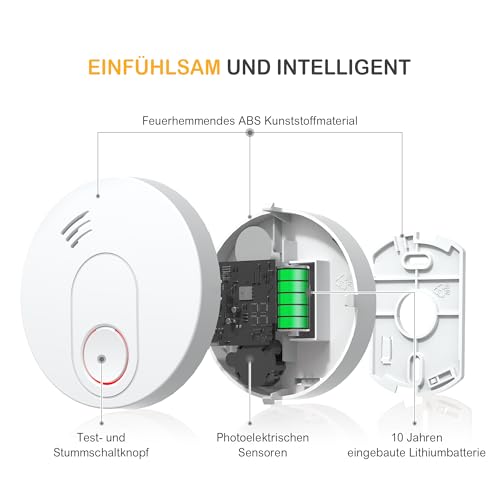 Andyssey Rauchmelder mit Magnethalterung, 10 Jahres Langzeit Batterie Feueralarm mit...